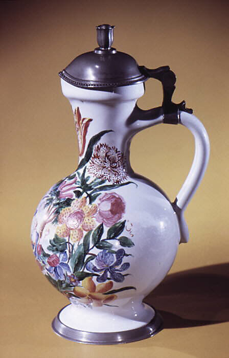 Jug, Style of Abraham Helmhack (1654–1724), Tin-glazed earthenware; pewter, German, Nuremberg 