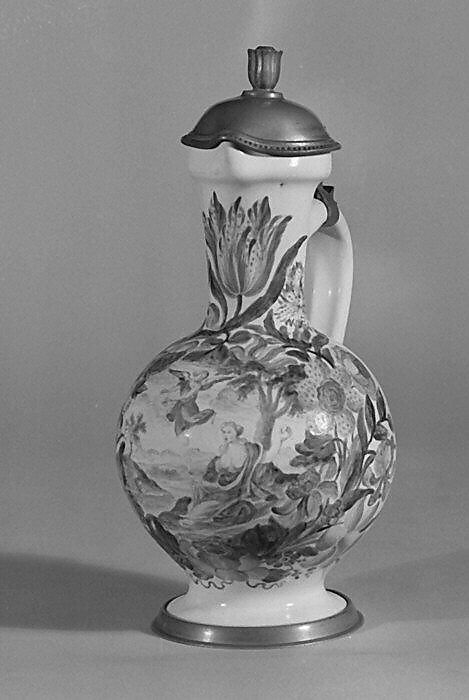Jug, Style of Abraham Helmhack (1654–1724), Tin-glazed earthenware; pewter, German, Nuremberg