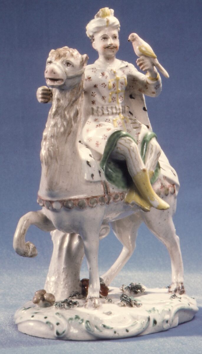 Turkish ruler seated upon a dromedary, Tin-glazed earthenware, German, Nassau-Usingen (Wiesbaden) 