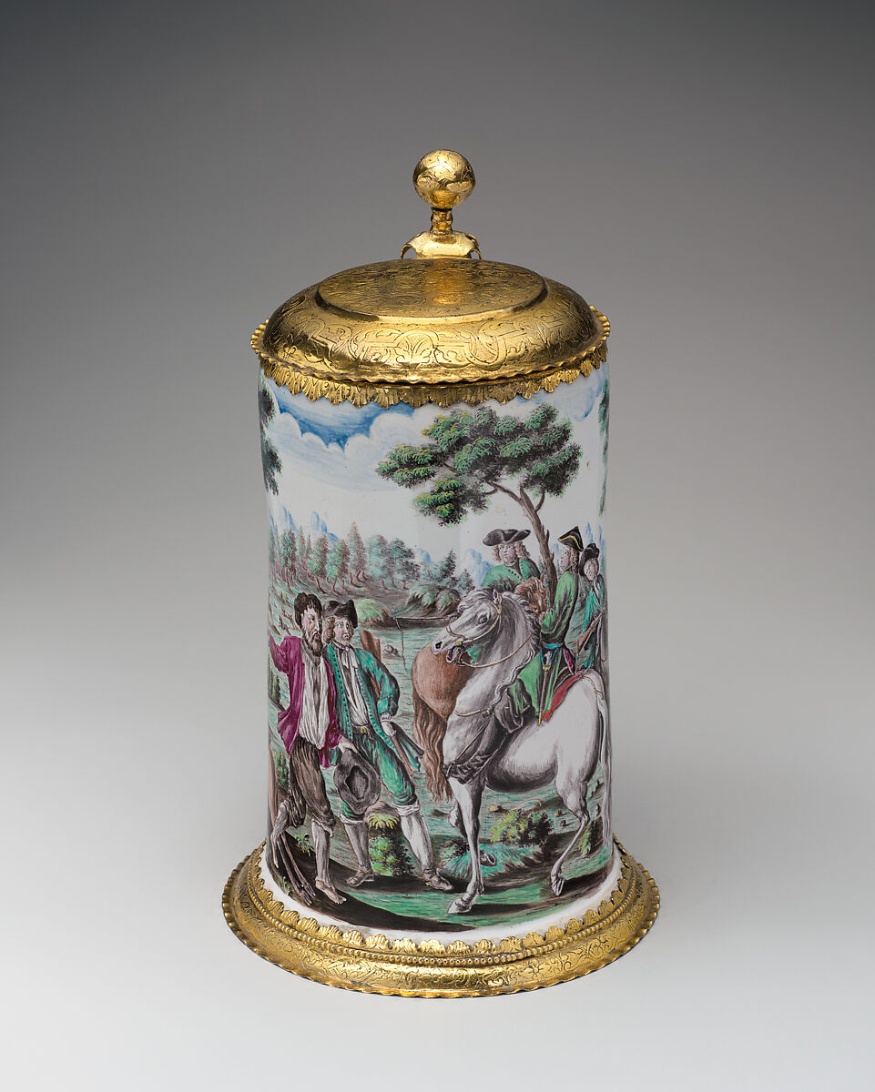 Tankard, M. Schmid, Tin-glazed earthenware with engraved and gilt metal mounts, German, Nuremberg