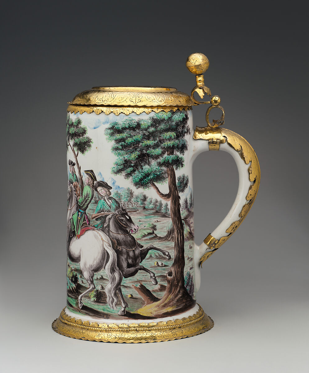 Tankard, M. Schmid, Tin-glazed earthenware with engraved and gilt metal mounts, German, Nuremberg
