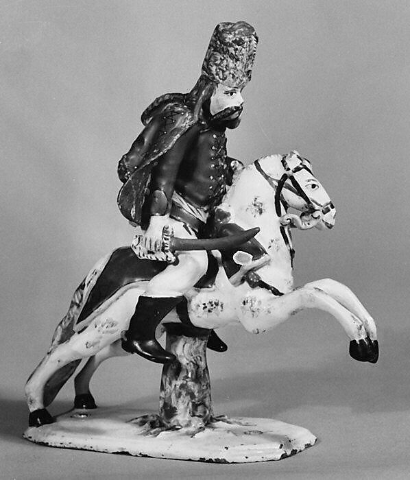 Equestrian figure of a hussar officer, Tin-glazed earthenware, German, Künersberg 
