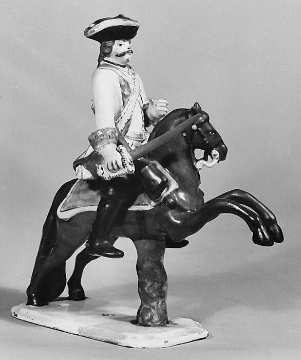 Equestrian figure of a cavalry officer, Tin-glazed earthenware, German, Künersberg 
