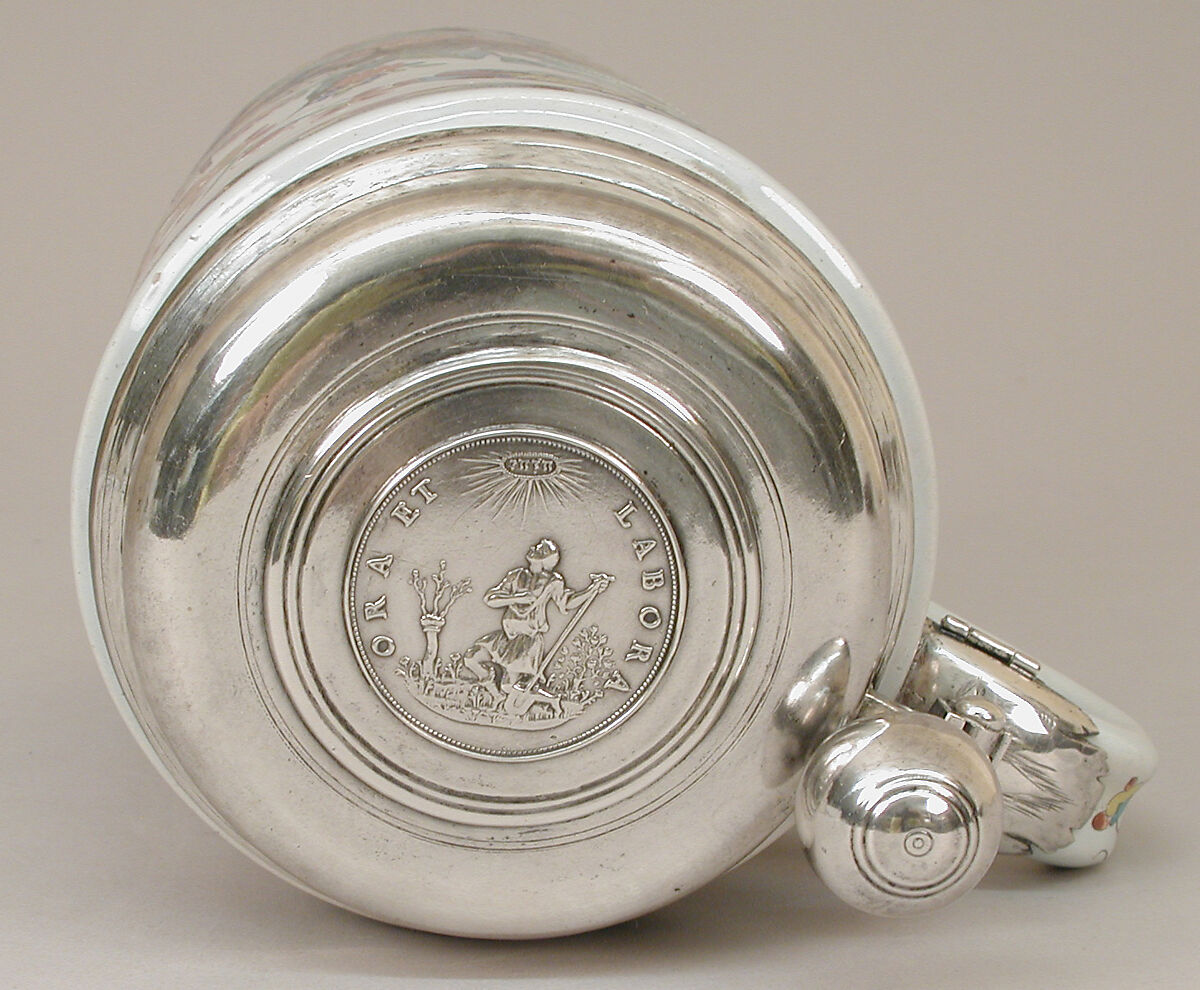 Tankard, Adam Friedrich von Löwenfinck (German, 1714–1754), Tin-glazed earthenware, silver mounts, German, Fulda