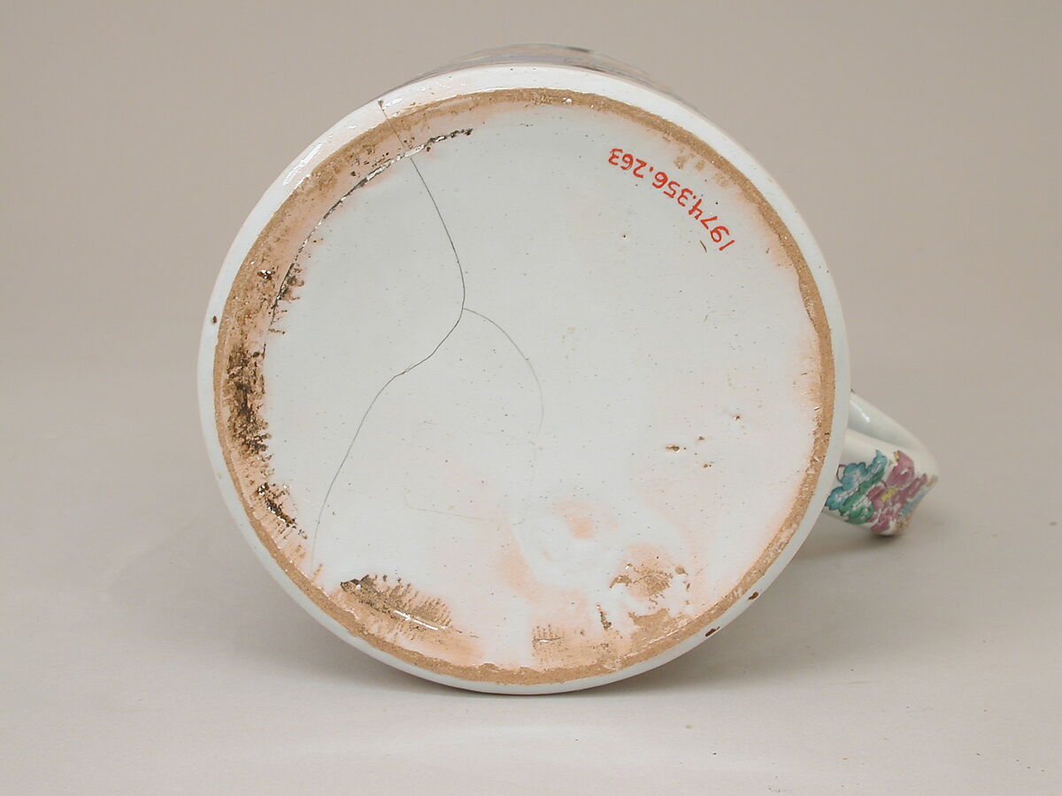 Tankard, Adam Friedrich von Löwenfinck (German, 1714–1754), Tin-glazed earthenware, silver mounts, German, Fulda