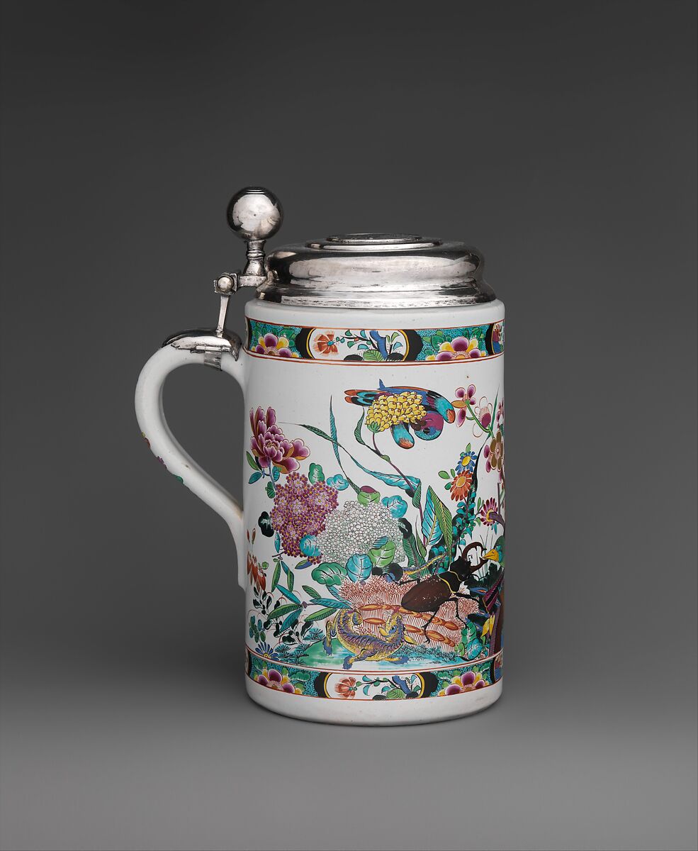 Tankard, Adam Friedrich von Löwenfinck (German, 1714–1754), Tin-glazed earthenware, silver mounts, German, Fulda 