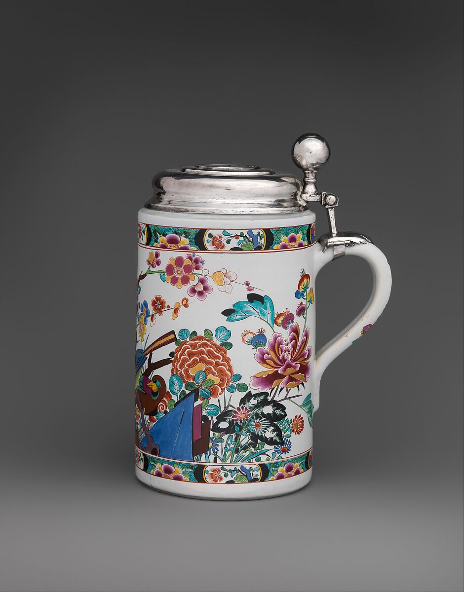 Tankard, Adam Friedrich von Löwenfinck (German, 1714–1754), Tin-glazed earthenware, silver mounts, German, Fulda