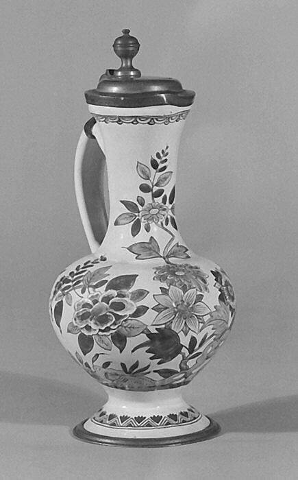 Jug with pewter cover, Tin-glazed earthenware, pewter, German, Ansbach 