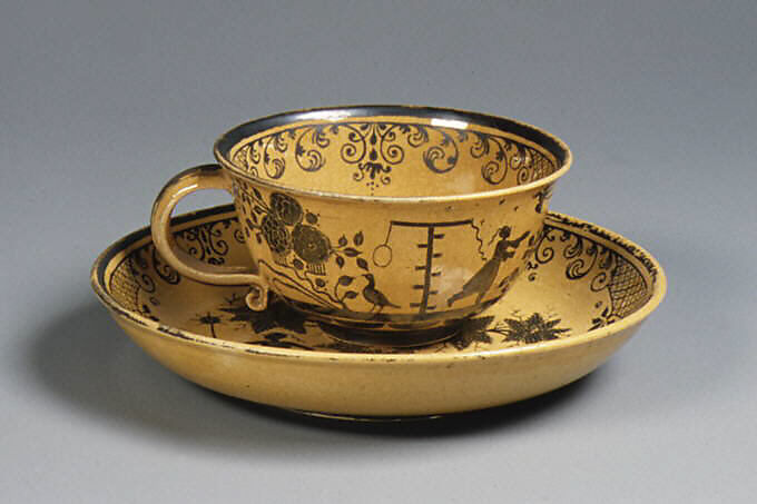Cup and saucer, Tin-glazed earthenware, silvered, German, Bayreuth
