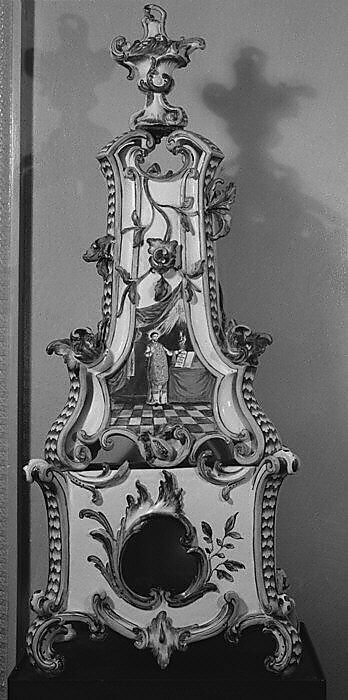 Ceramic stove on cast-iron firebox (one of a pair), Tin-glazed earthenware, gilt (worn), German, Stockelsdorf