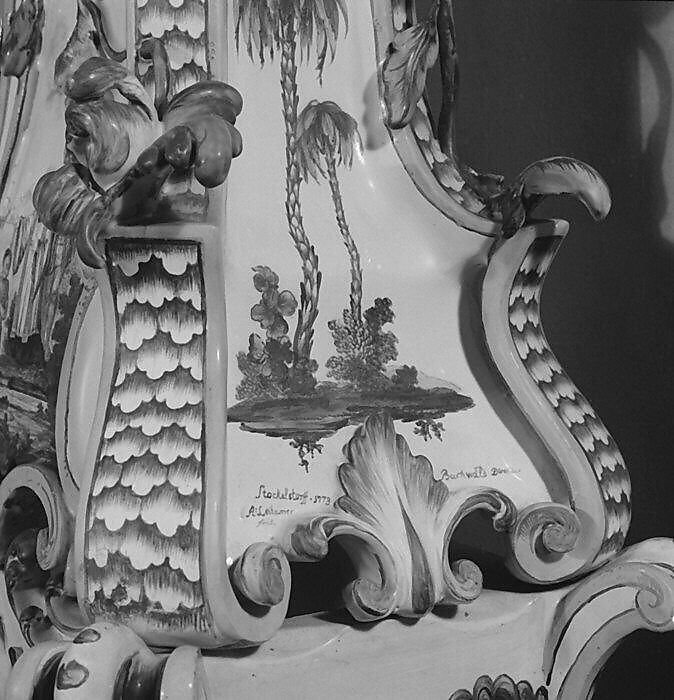 Ceramic stove on cast-iron firebox (one of a pair), Abraham Leihamer (1745–1774), Tin-glazed earthenware, gilt (worn), German, Stockelsdorf