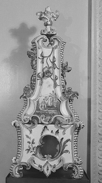 Ceramic stove on cast-iron firebox (one of a pair), Abraham Leihamer (1745–1774), Tin-glazed earthenware, gilt (worn), German, Stockelsdorf