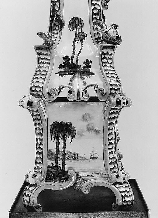 Ceramic stove on cast-iron firebox (one of a pair), Abraham Leihamer (1745–1774), Tin-glazed earthenware, gilt (worn), German, Stockelsdorf