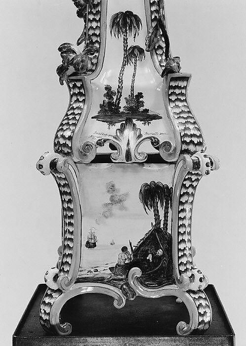 Ceramic stove on cast-iron firebox (one of a pair), Abraham Leihamer (1745–1774), Tin-glazed earthenware, gilt (worn), German, Stockelsdorf