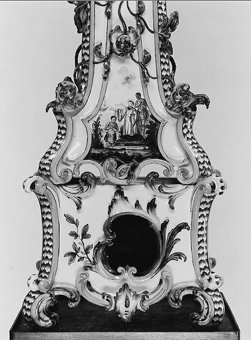 Ceramic stove on cast-iron firebox (one of a pair), Abraham Leihamer (1745–1774), Tin-glazed earthenware, gilt (worn), German, Stockelsdorf
