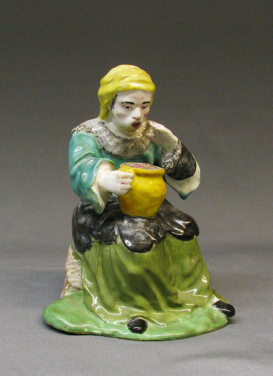 Seated peasant woman, Tin-glazed earthenware, German, Höchst 