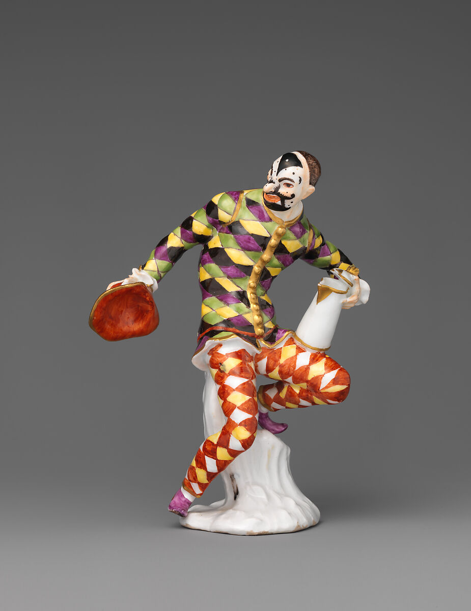 Harlequin with jug, Meissen Manufactory (German, 1710–present), Hard-paste porcelain decorated in polychrome enamels, German, Meissen 