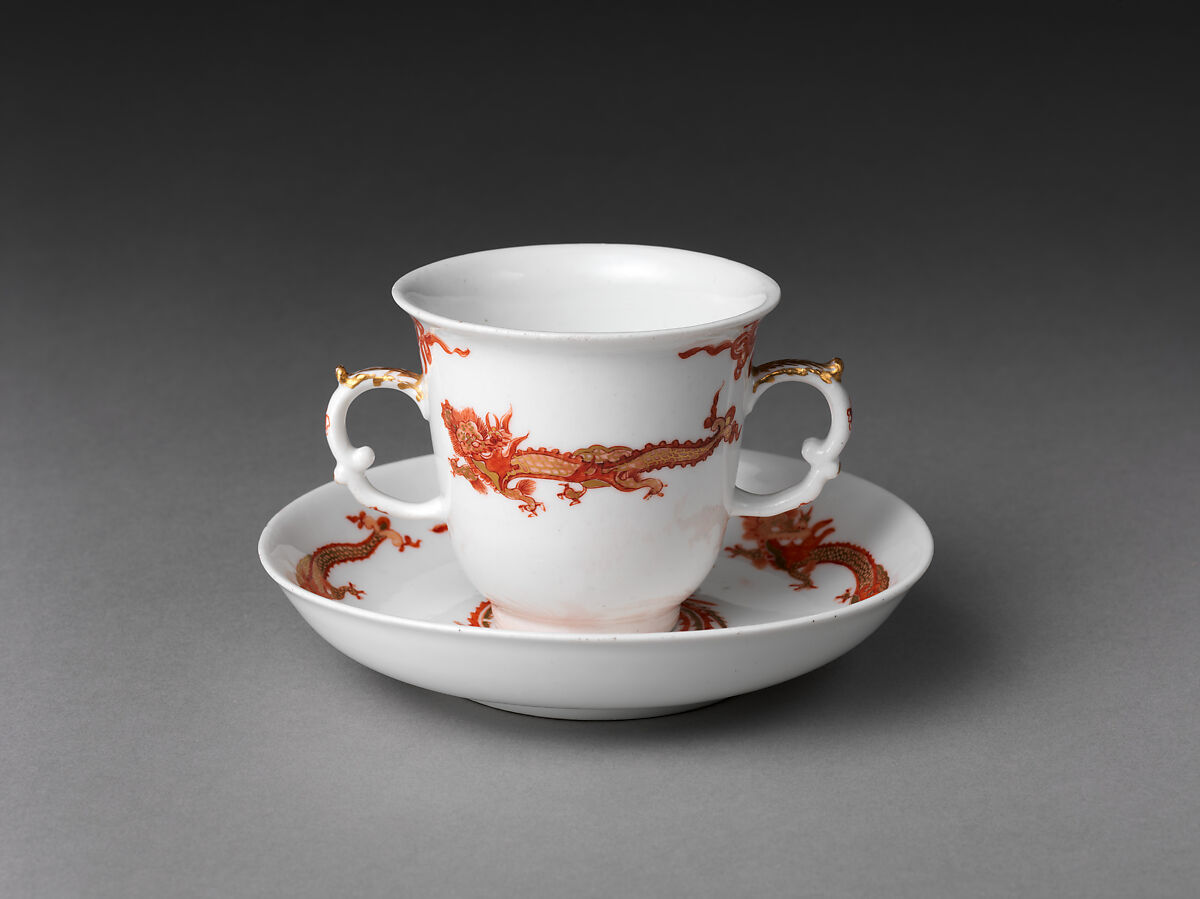 Chocolate cup and saucer with dragons and phoenixes, Meissen Manufactory (German, 1710–present), Hard-paste porcelain painted with colored enamels over transparent glaze, German, Meissen 