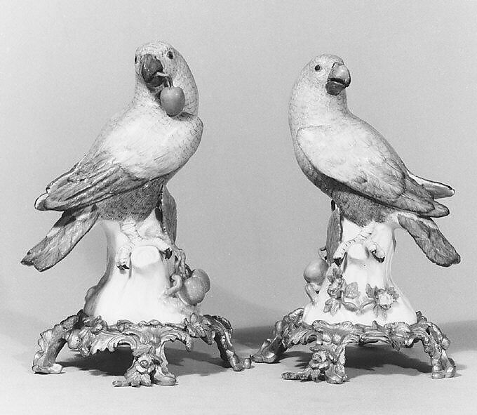 Parrot (one of a pair), Meissen Manufactory (German, 1710–present), Hard-paste porcelain, gilt bronze, German, Meissen 