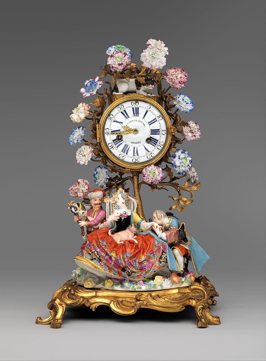 Mantel clock (pendule de chiminée), Clockmaker: Paul Gudin Le Jeune (French, recorded 1739, died 1755), Case: hard-paste and soft-paste porcelain, with gilded-bronze mounts; Dial: white enamel with blue numerals for hours and blue numerals for minutes; Movement: brass and steel, French, Paris with German, Meissen and French, Vincennes case 