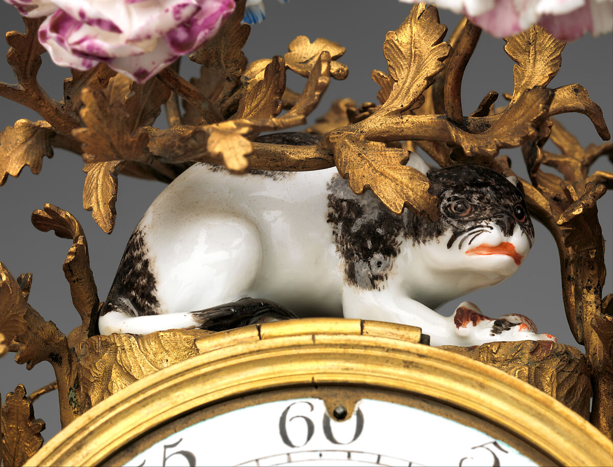 Mantel clock (pendule de chiminée), Clockmaker: Paul Gudin Le Jeune (French, recorded 1739, died 1755), Case: hard-paste and soft-paste porcelain, with gilded-bronze mounts; Dial: white enamel with blue numerals for hours and blue numerals for minutes; Movement: brass and steel, French, Paris with German, Meissen and French, Vincennes case