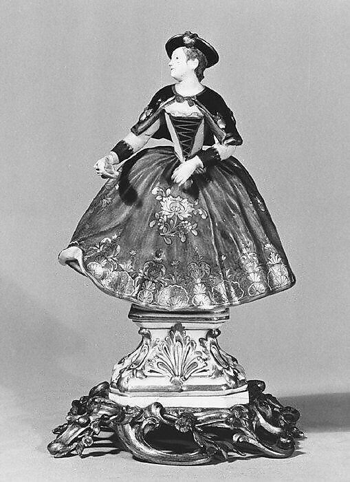 Standing woman (one of a pair), Meissen Manufactory (German, 1710–present), Hard-paste porcelain, gilt bronze, German, Meissen 