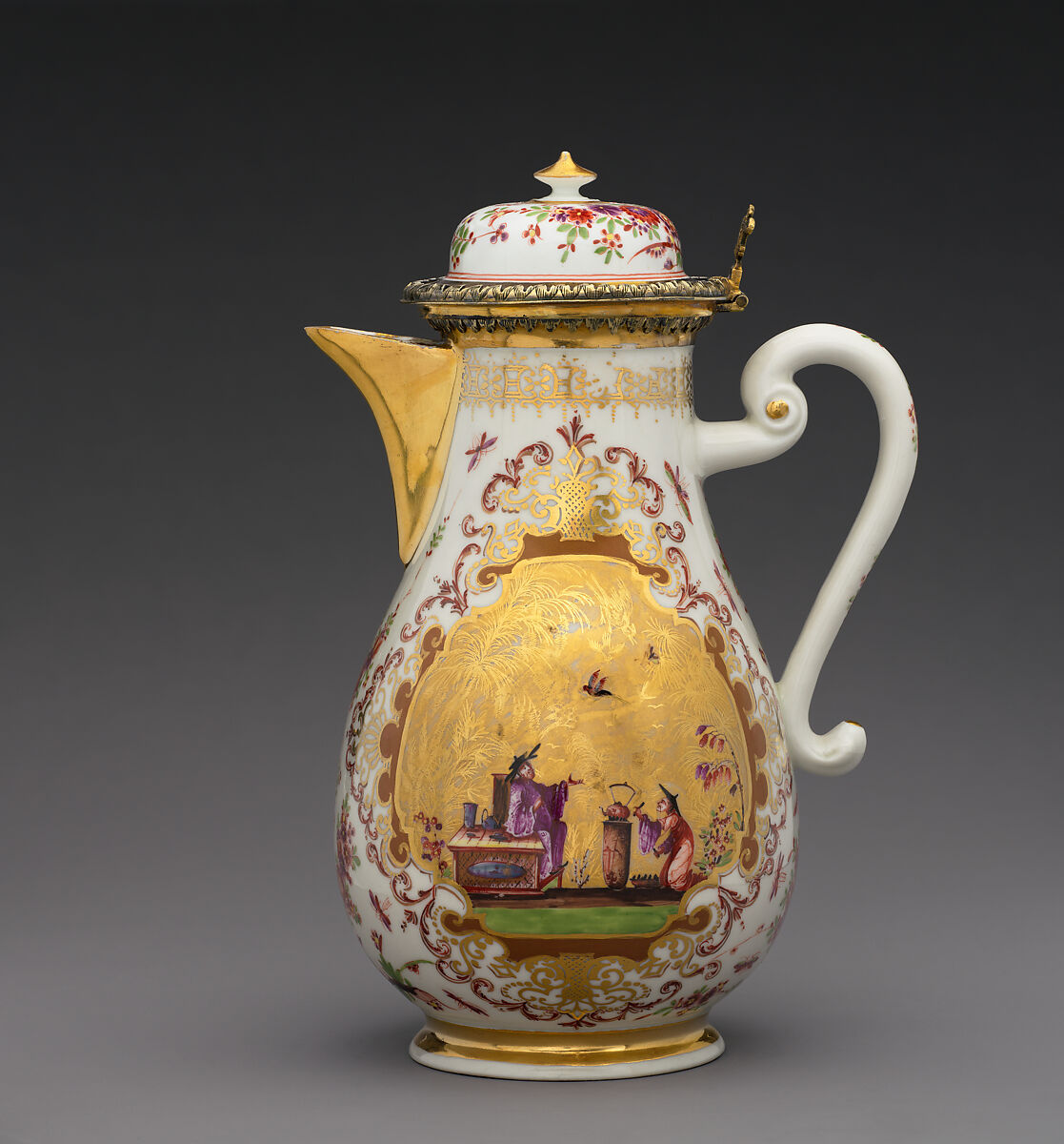 Coffeepot (part of a service), Meissen Manufactory (German, 1710–present), Hard-paste porcelain and silver-gilt, German, Meissen with German, Augsburg mounts