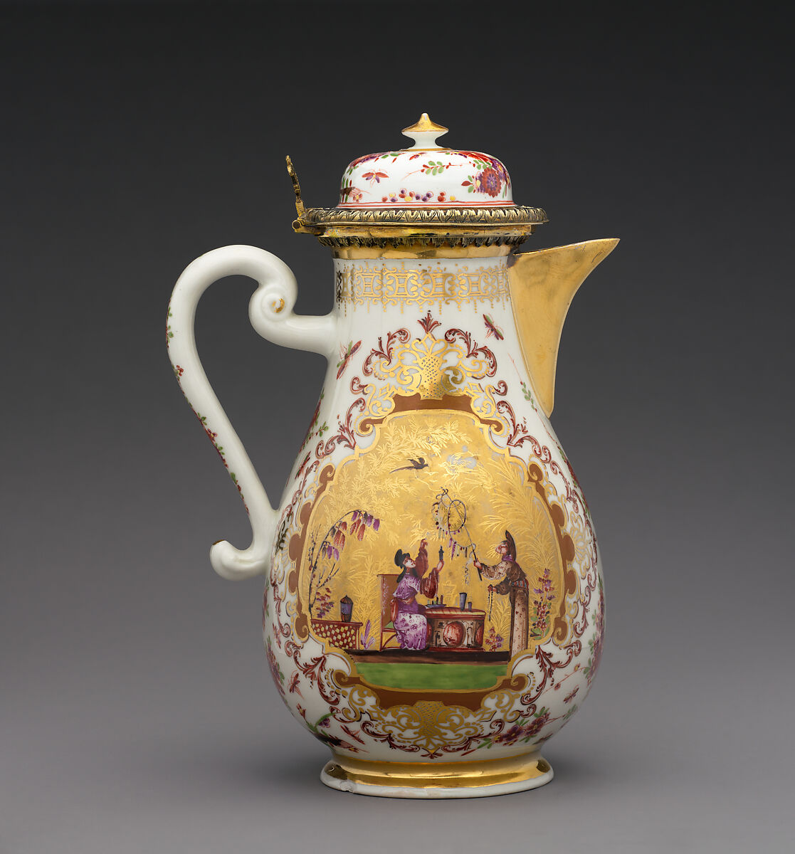Coffeepot (part of a service), Meissen Manufactory  German, Hard-paste porcelain and silver-gilt, German, Meissen with German, Augsburg mounts