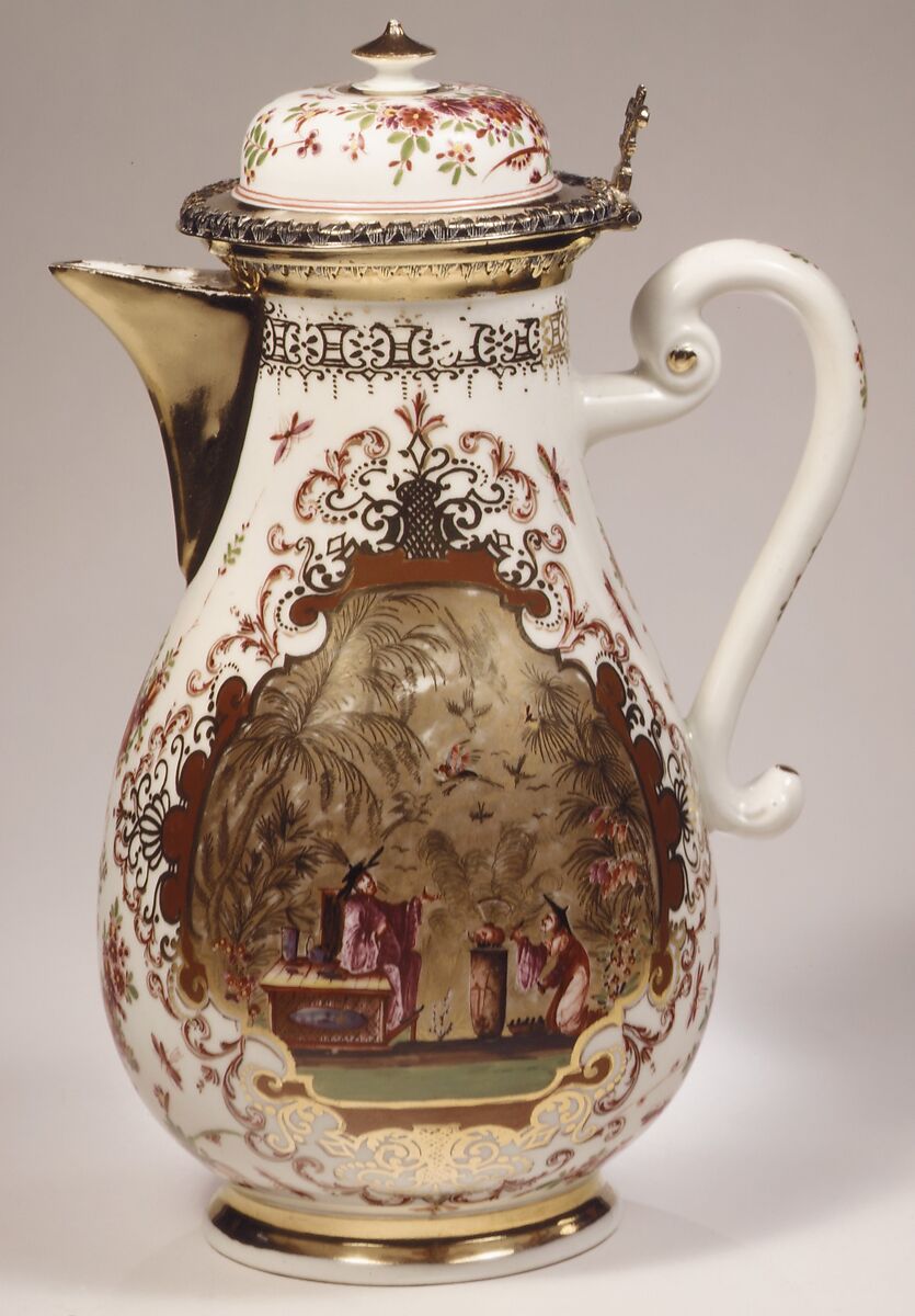 Coffeepot (part of a service), Meissen Manufactory (German, 1710–present), Hard-paste porcelain and silver-gilt, German, Meissen with German, Augsburg mounts 