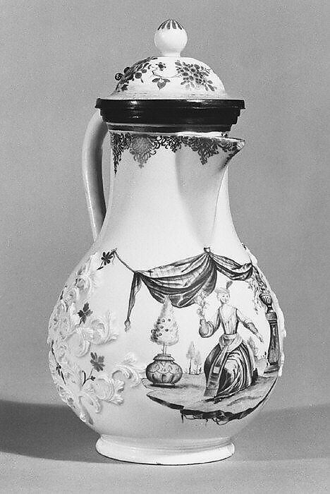 Coffeepot, Meissen Manufactory (German, 1710–present), Hard-paste porcelain, silver, German, Meissen with German, Augsburg mounts 