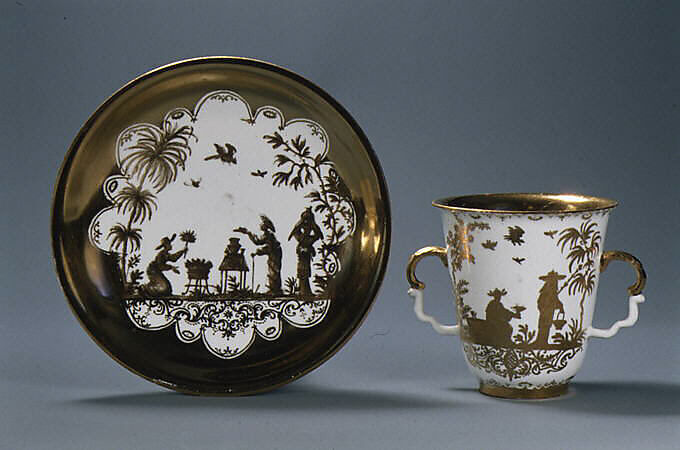 Two-handled beaker and saucer, Meissen Manufactory (German, 1710–present), Hard-paste porcelain, German, Meissen with German, Augsburg decoration 