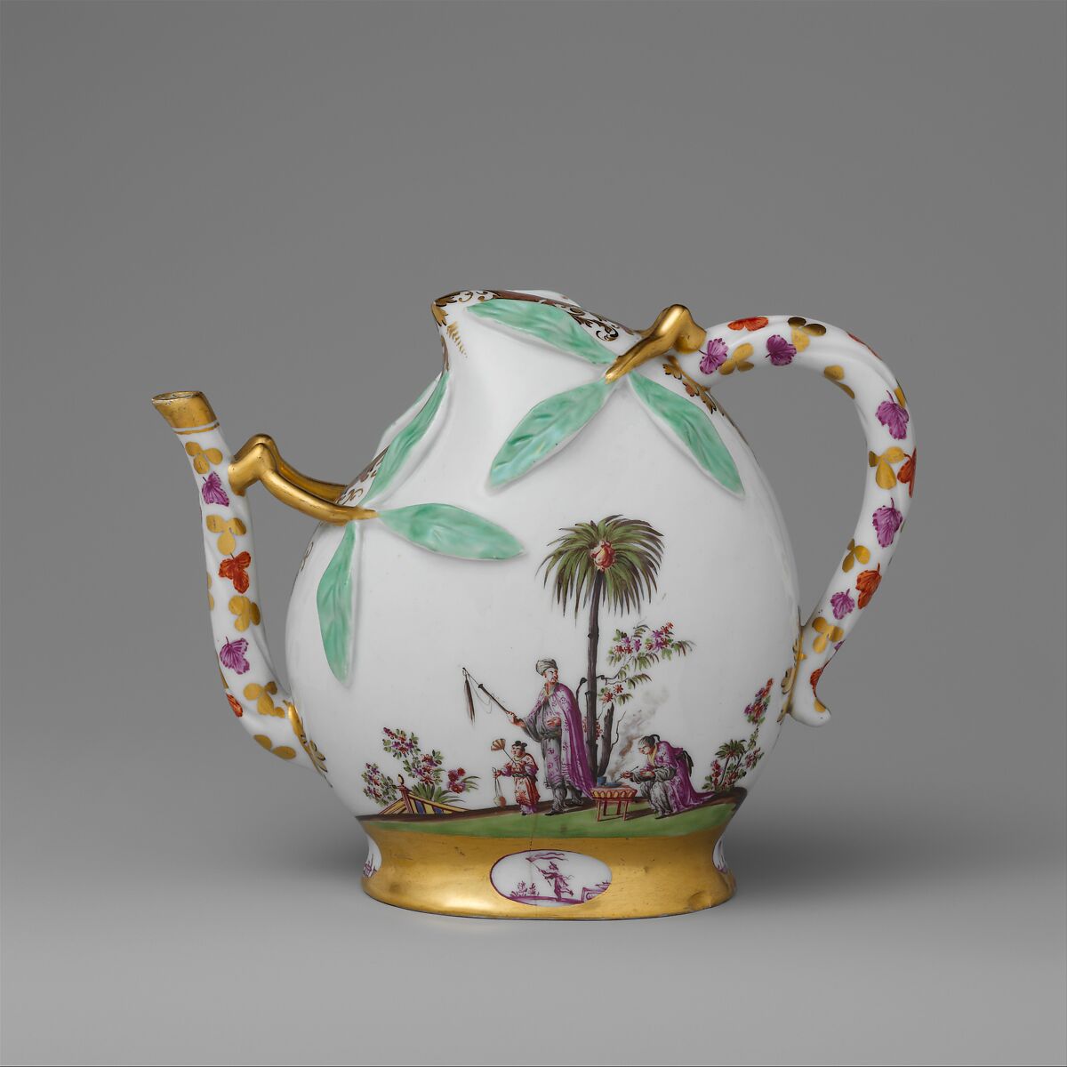 Wine pot in the shape of a peach (cadogan type), Meissen Manufactory (German, 1710–present), Hard-paste porcelain decorated in polychrome enamels, gold, German, Meissen