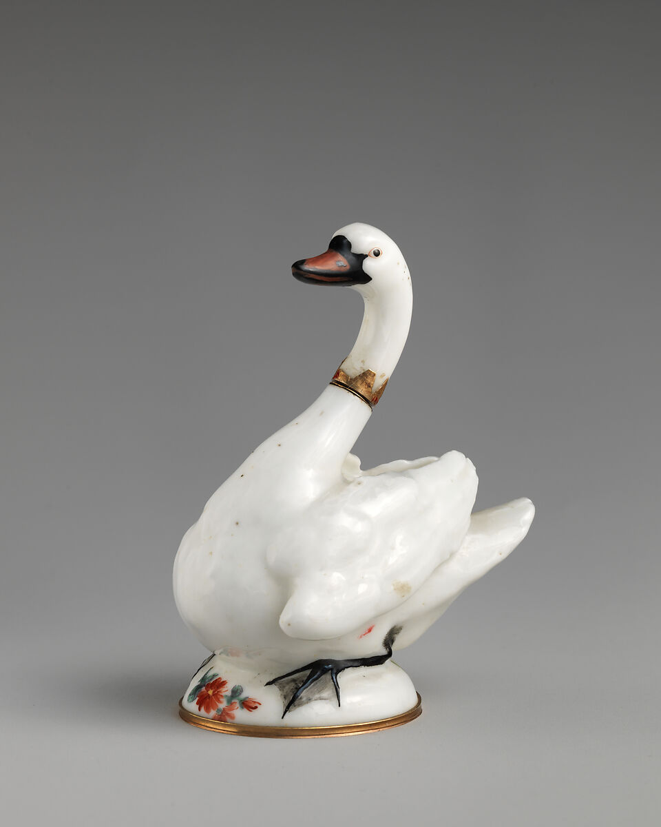 Scent bottle in the form of a swan, Chelsea Porcelain Manufactory (British, 1745–1784, Red Anchor Period, ca. 1753–58), Soft-paste porcelain, British, Chelsea 