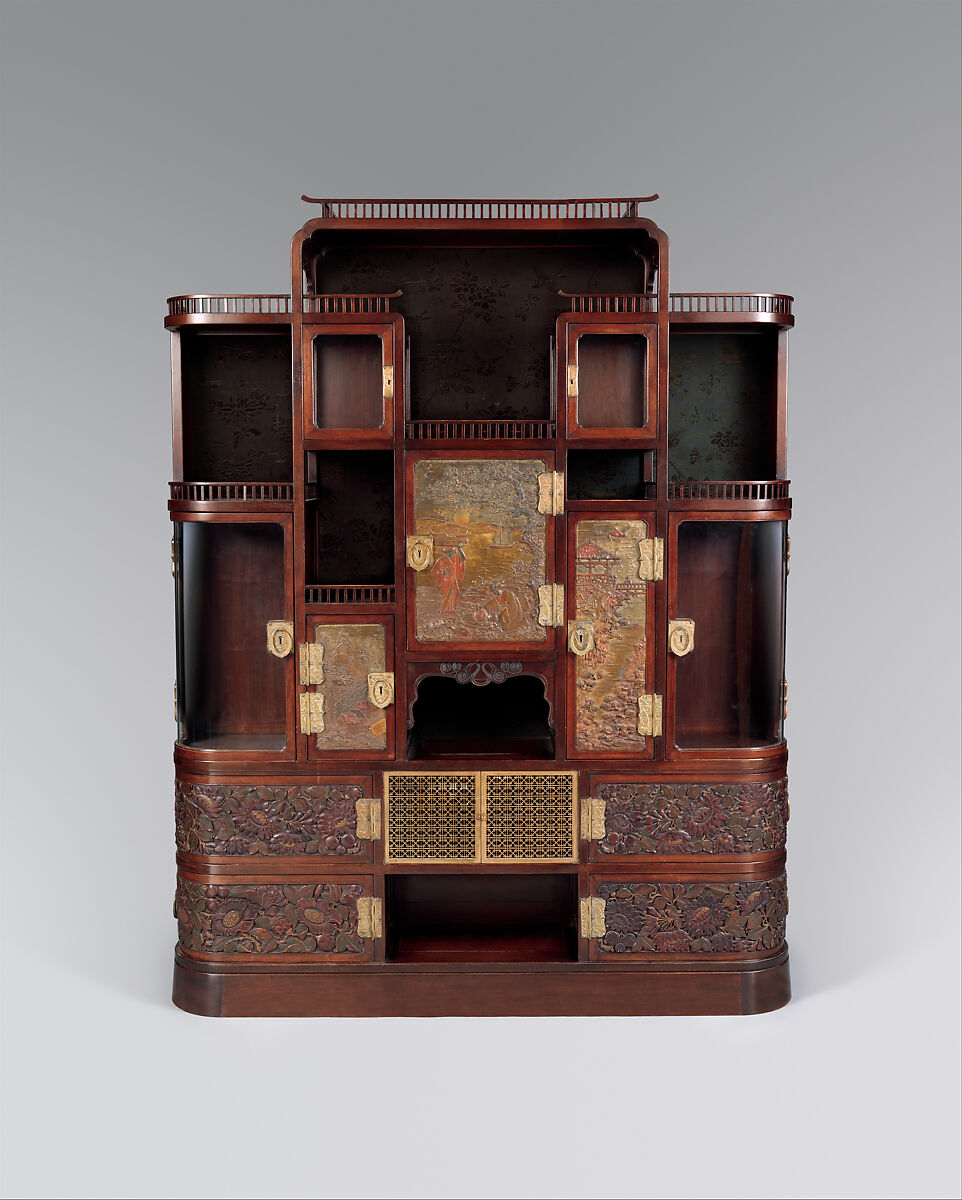 Cabinet, Herter Brothers (German, active New York, 1864–1906), Cherry, brass, and later silk textiles, American 