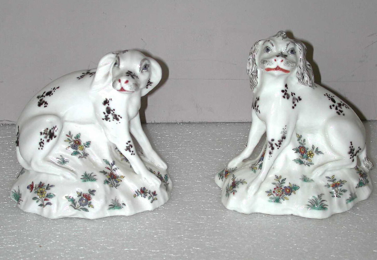 Pair of dogs, possibly Mennecy, Soft-paste porcelain, French, possibly Mennecy 