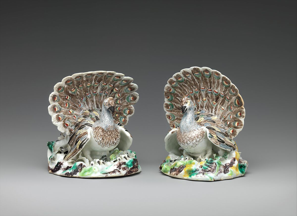 Pair of peacocks, Villeroy (French, 1734/37–1748), Soft-paste porcelain, French, Villeroy 