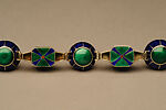 Necklace, Marie Zimmermann (American, Brooklyn, New York 1879–1972 Punta Gorda, Florida), Gold, enamel, pearls, green tourmalines and red garnets, American