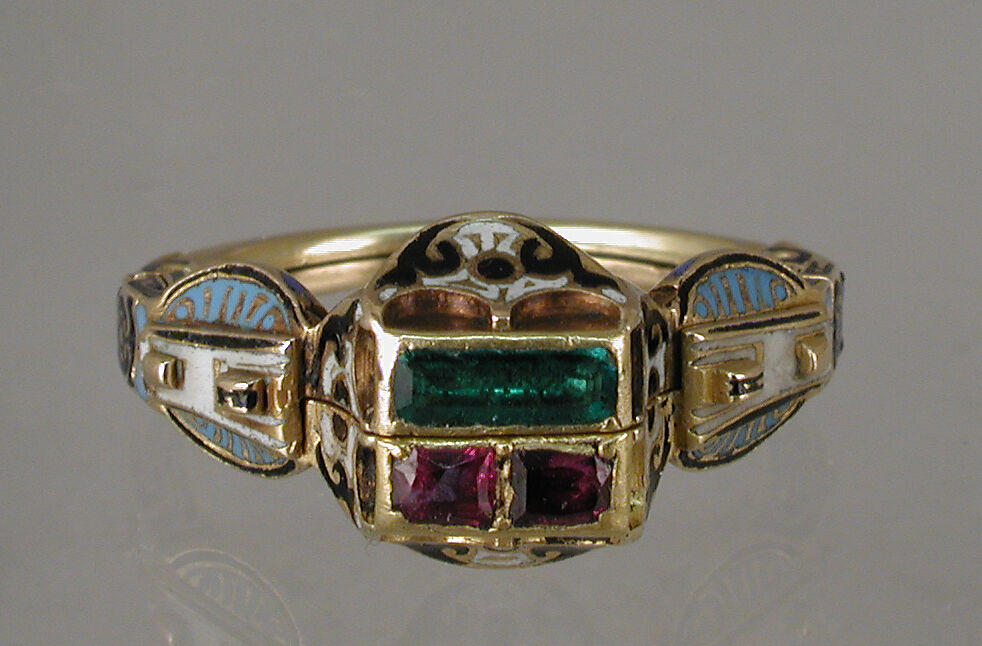 Gimmel ring (Twin ring), Gold, enamel, rubies, emerald, Southern German