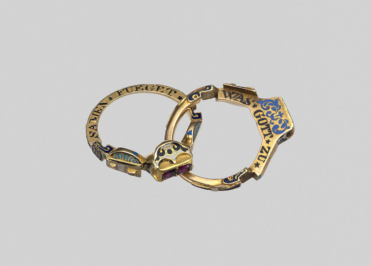 Gimmel ring (Twin ring), Gold, enamel, rubies, emerald, Southern German