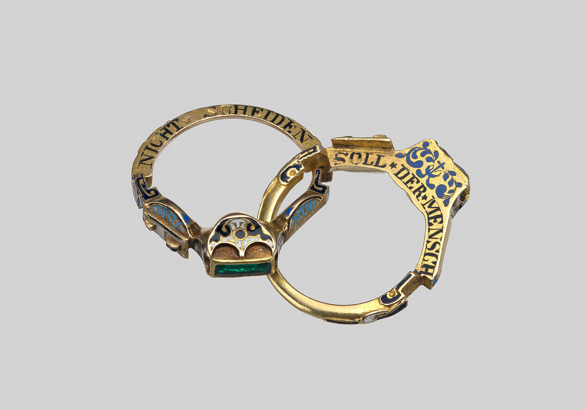 Gimmel ring (Twin ring), Gold, enamel, rubies, emerald, Southern German