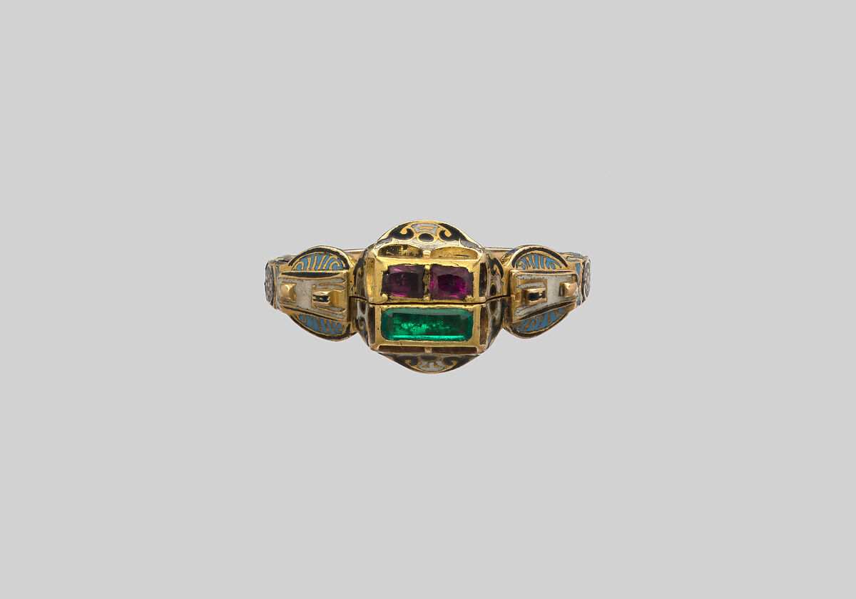 Gimmel ring (Twin ring), Gold, enamel, rubies, emerald, Southern German 