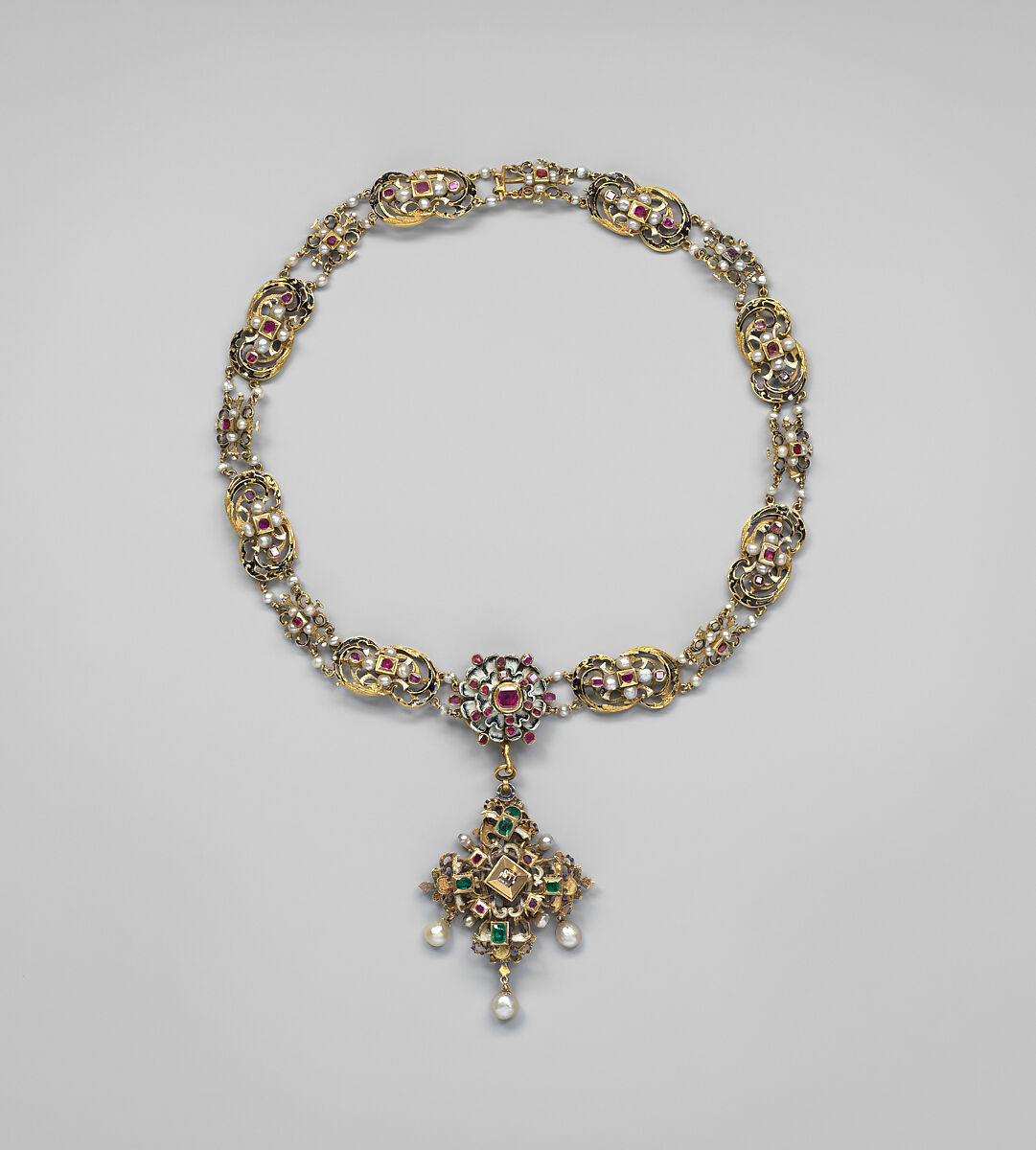 Necklace, Gold, enamel, rubies, seed pearls, pearls and other small precious stones, possibly Southern German