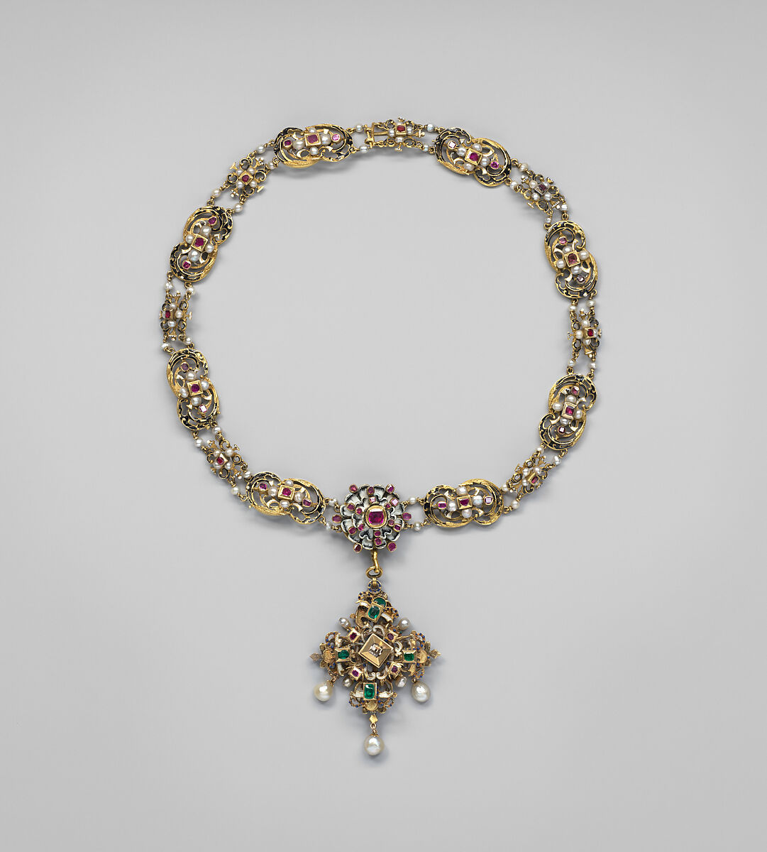 Necklace, Gold, enamel, rubies, seed pearls, pearls and other small precious stones, possibly Southern German 