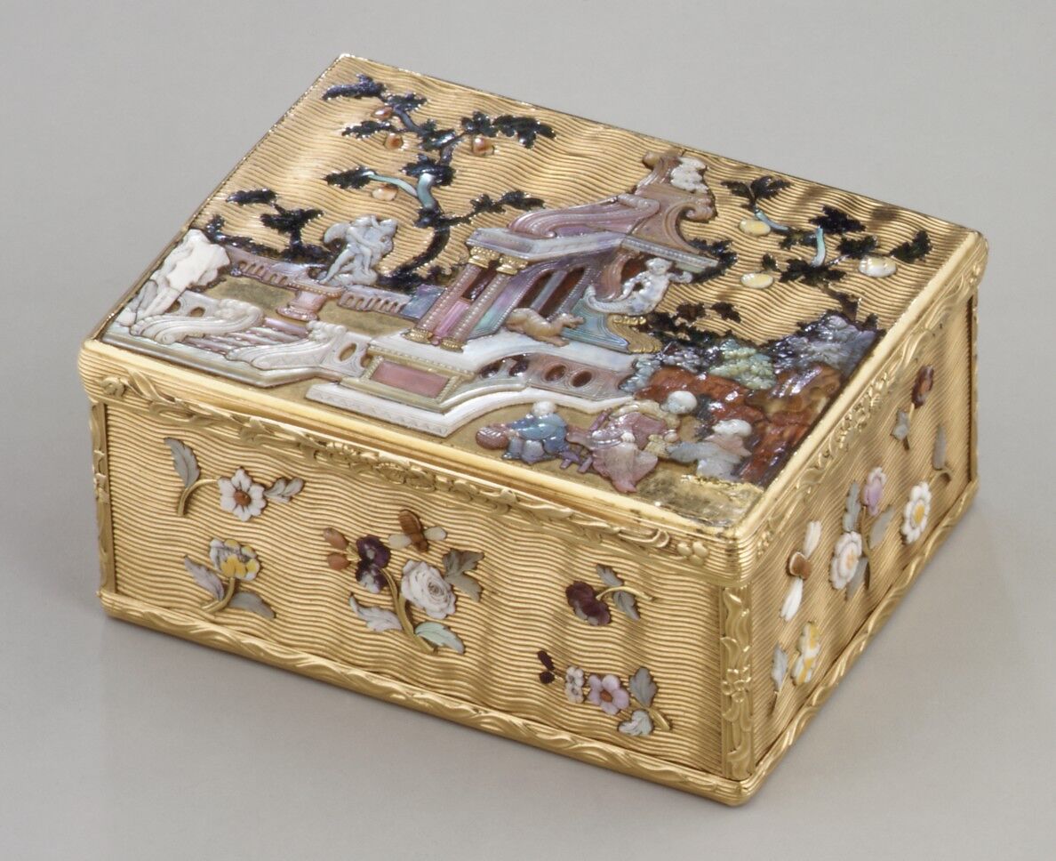 Snuffbox, Gold, enamel, hardstones, mother-of-pearl, German 