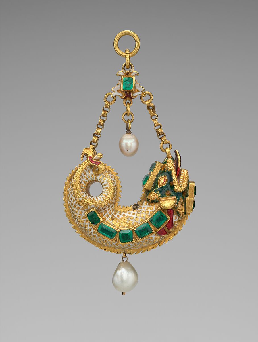 Pendant in the form of a fish, Gold, enamel, pearls, emeralds, Spanish