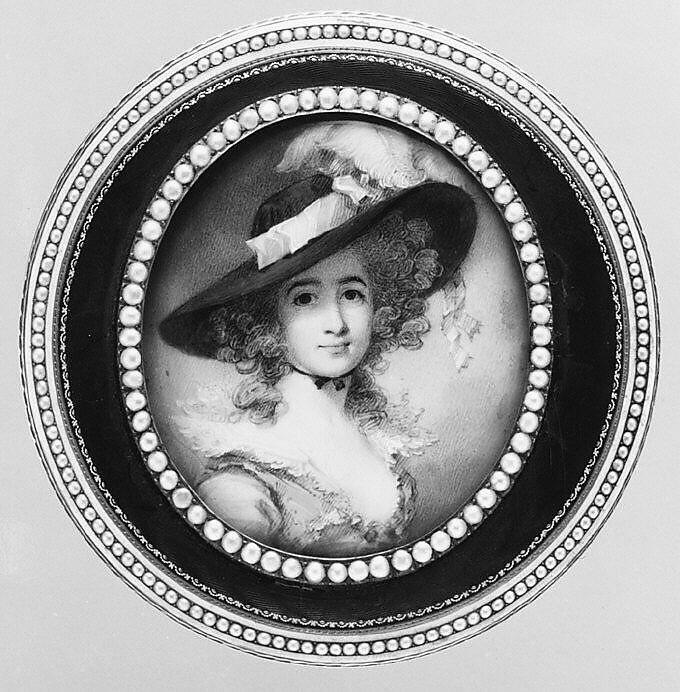 Snuffbox with portrait of a woman, G.R.C. (Swiss), Gold, enamel, pearls; ivory, Swiss