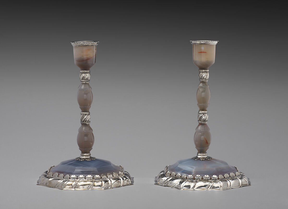 Candlestick with octagonal base (one of a pair), Georg Schäffer, Gray agate, silver, German, Nuremberg