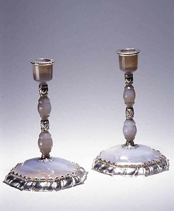 Candlestick with octagonal base (one of a pair), Georg Schäffer, Gray agate, silver, German, Nuremberg 