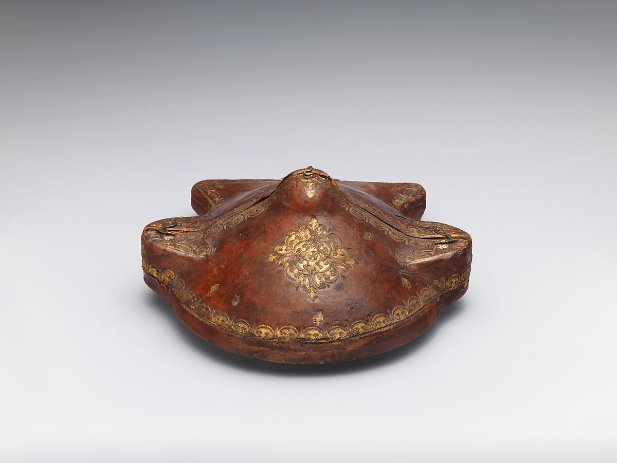 Case (part of a traveling set), Dyed and gold-tooled leather; brass hooks and eye, French, Strasbourg