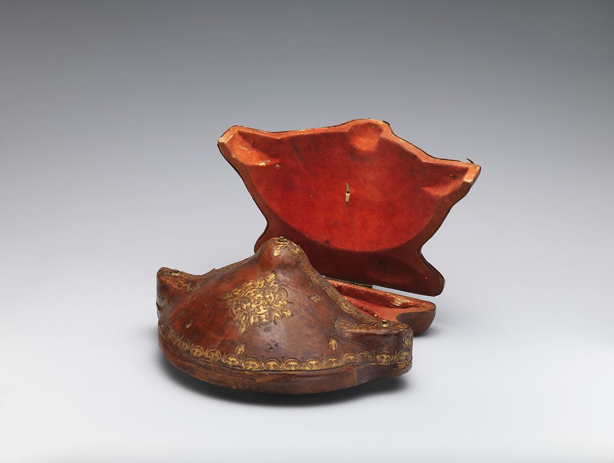 Case (part of a traveling set), Dyed and gold-tooled leather; brass hooks and eye, French, Strasbourg